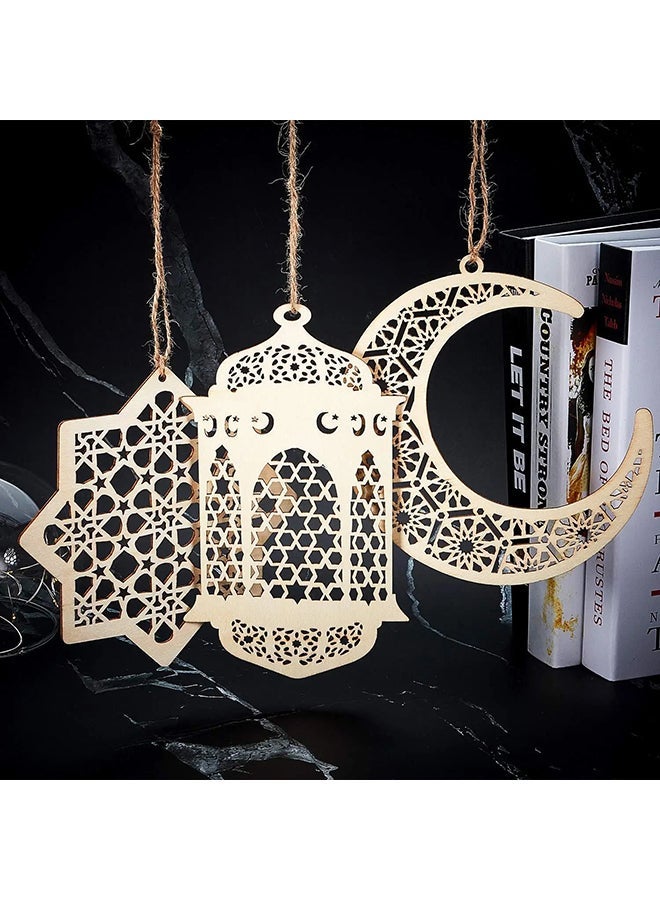 O Ozone (3 PCS SET) Ramadan Kareem Wooden Ornaments Pendant Decoration Moon Lantern Light Mubarak Eid Hanging Ornament for Ramadan Mubarak Eid Decorations - Image 1